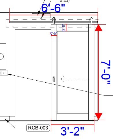 Marked-up takeoff exhibit of a barn door elevation, with track length and panel height and width called out in blue.